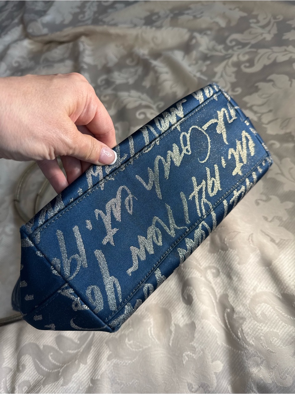 Coach Blue Graffiti Script Tote Bag Gold Trim Heart Charm Zip Top Purse - Picture 6 of 10